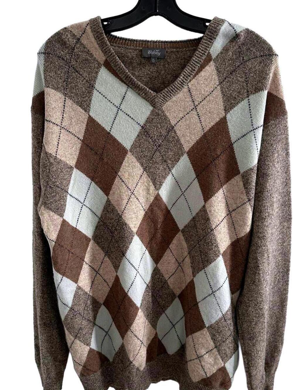 Vintage Wolsey Men's 100% V-Neck Beige Wool Argyle Pattern V-Neck Sweater -XXL